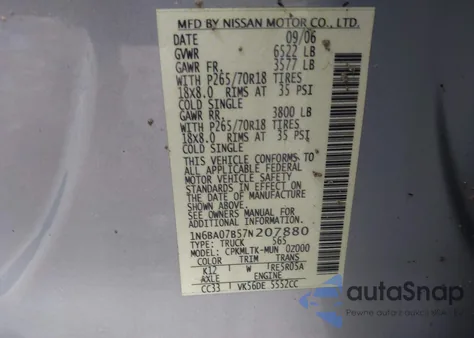 2007 Nissan Titan Se from USA, damaged, VIN 1N6BA07B57N207880